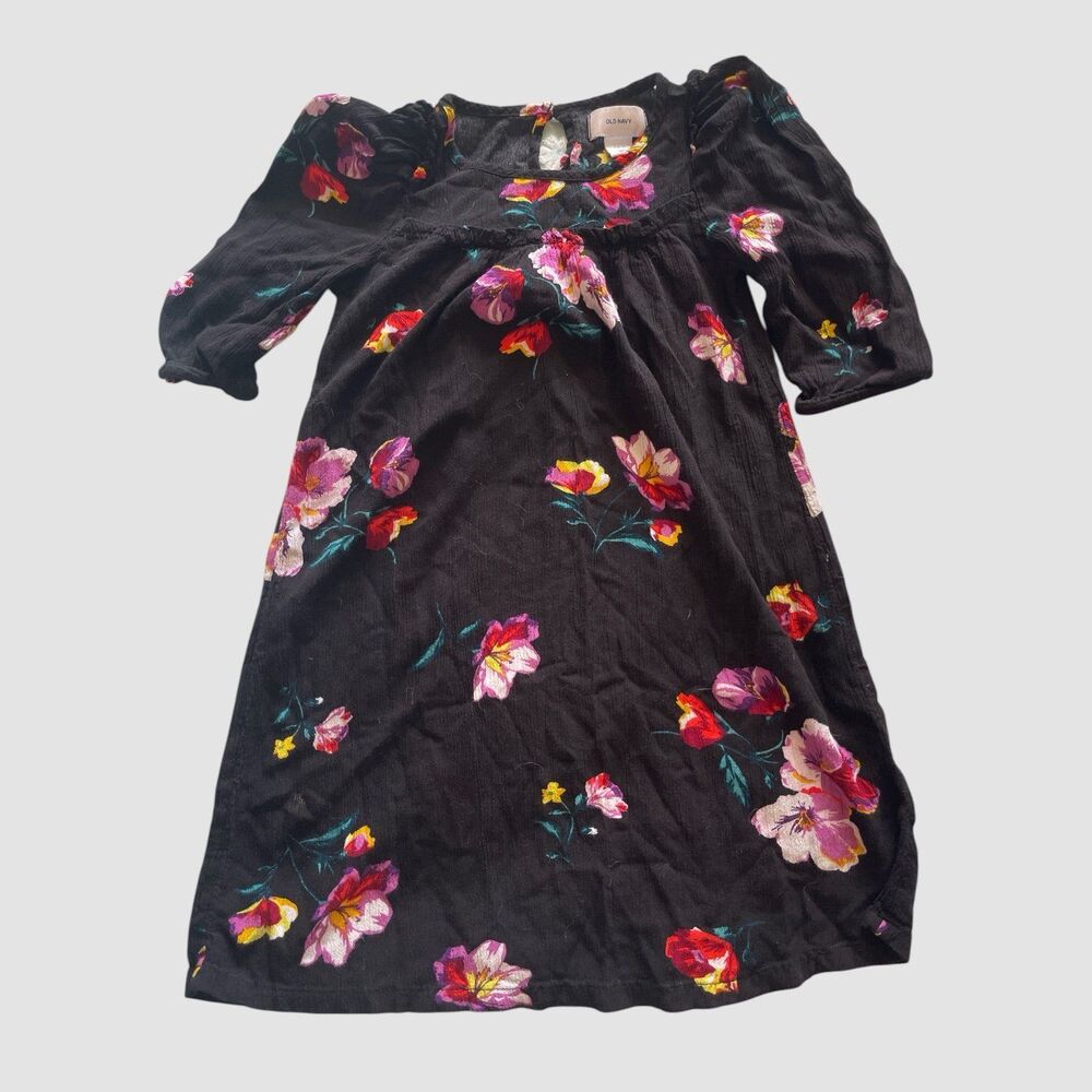 Old Navy Kids Girls Size Small 5/6 Black Floral Fit & Flare 3/4 Sleeve Dress